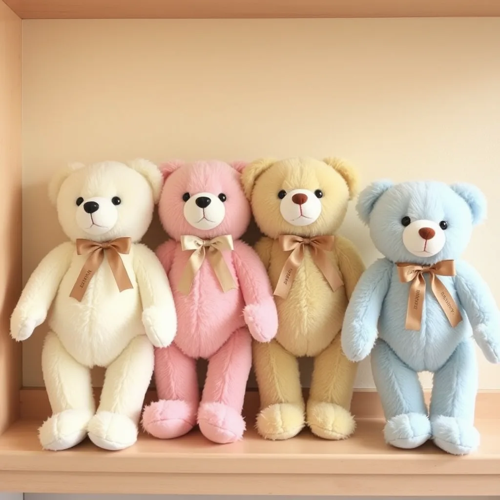 ตุ๊กตาหมีเท็ดคลาสสิกสี่สี ครีม ชมพู น้ำตาลอ่อน และฟ้าอ่อน เรียงจากเล็กไปใหญ่