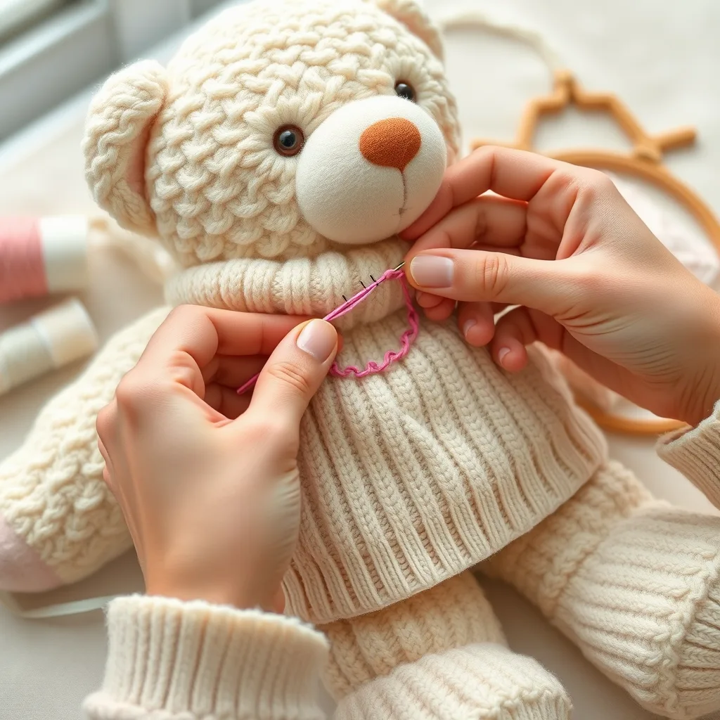 มือกำลังปักด้ายสีชมพูบนผ้าพันคอของตุ๊กตาหมีสีครีม